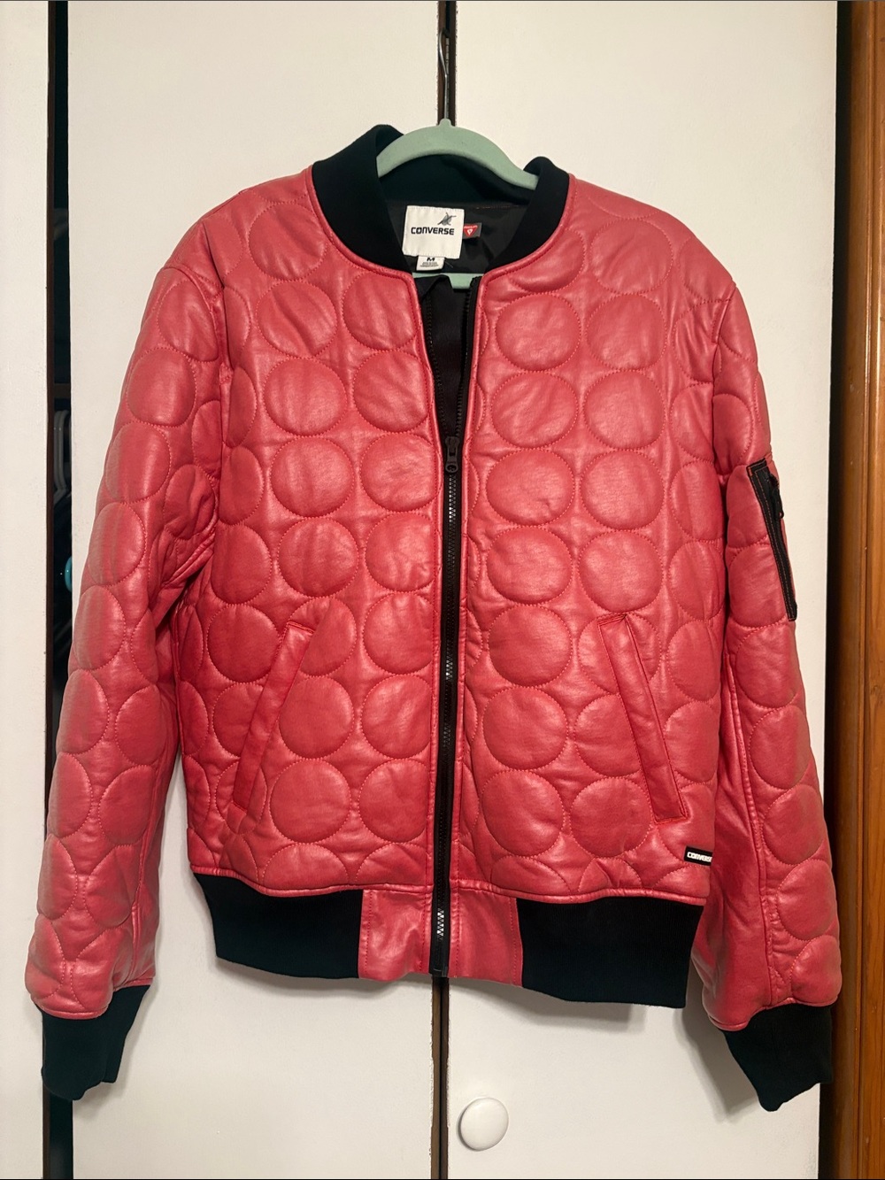Converse Quilted Coral-Red Bomber Jacket with Black Trim